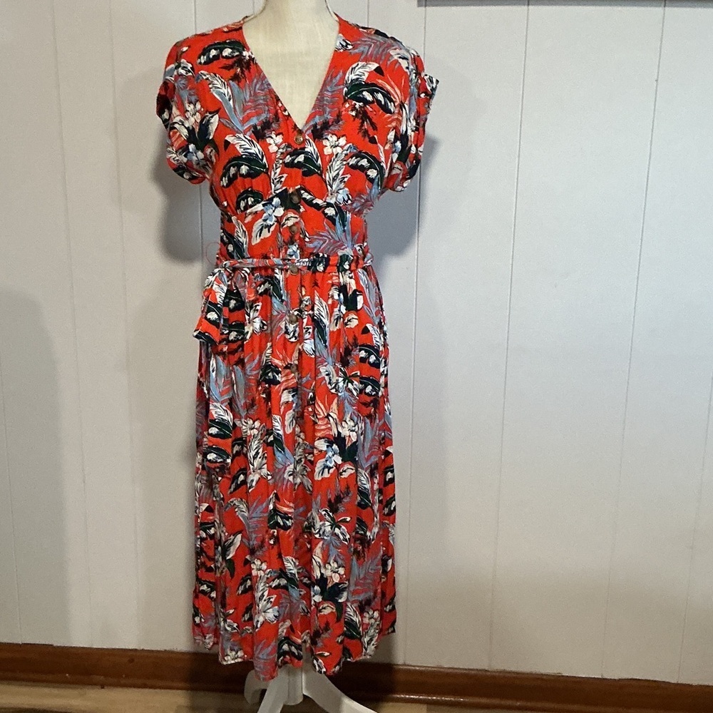 LOFT Red Floral Maxi Dress with Tie Waist